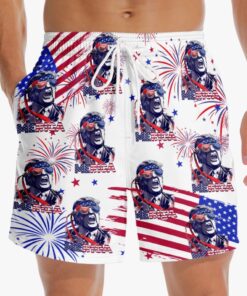 Trump 'Merica Fireworks Swim Shorts – Funny Patriotic 4th of July Beach Trunks for Men