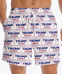 Trump Vance 2024 Swim Shorts – White MAGA 45-47 Patriotic Beach Trunks for Men