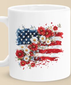 USA Flag Floral Mug – Vintage Watercolor Patriotic Coffee Cup for 4th of July Decor