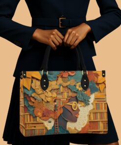 Bound by Knowledge Leather Tote – African American Queen Handbag with Books & Floral Afro Hair Design