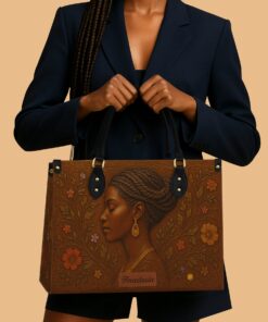 Brilliant Shades Premium Leather Tote – Custom Afro Woman Handbag with Embossed Floral Art & Name Anastasia