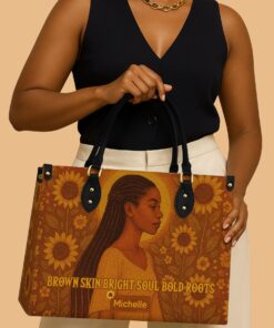 Brown Skin Soul Tote – Personalized Black Girl Leather Handbag with Sunflower Art