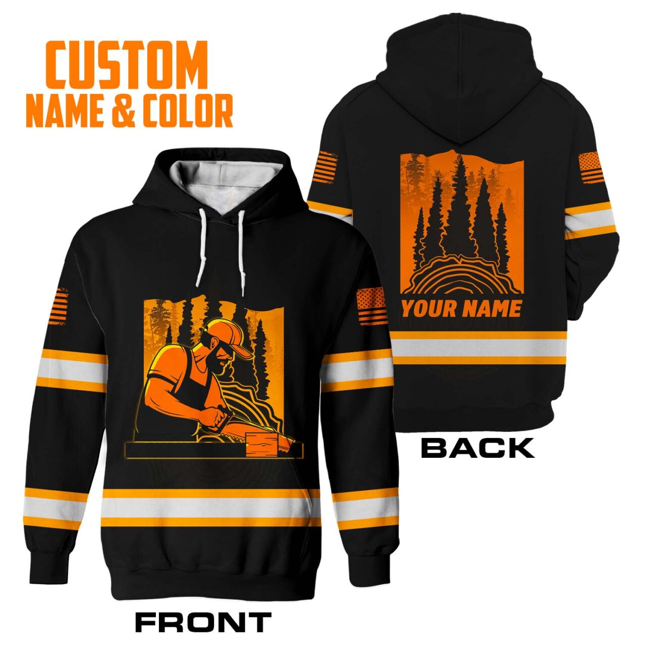 Hi Vis Hoodie Reflective Orange Neon Carpenter USA Flag Custom Name Safety Workwear For Workwear