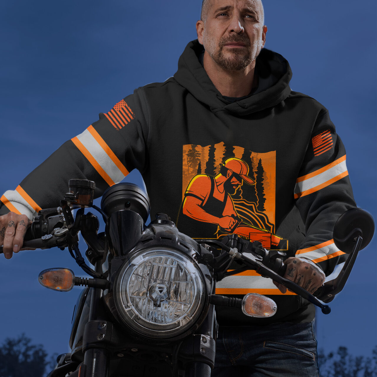 Hi Vis Hoodie Reflective Orange Neon Carpenter USA Flag Custom Name Safety Workwear For Workwear