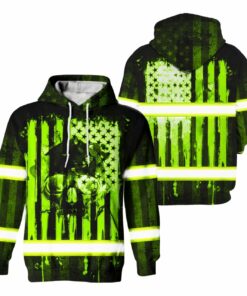 Hi Vis Hoodie Reflective Skull USA Flag Green Neon Safety Workwear