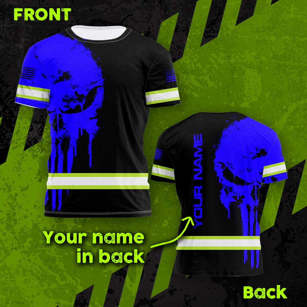 Hi Vis Shirt Reflective Blue Neon Skull US Flag Custom Name Safety