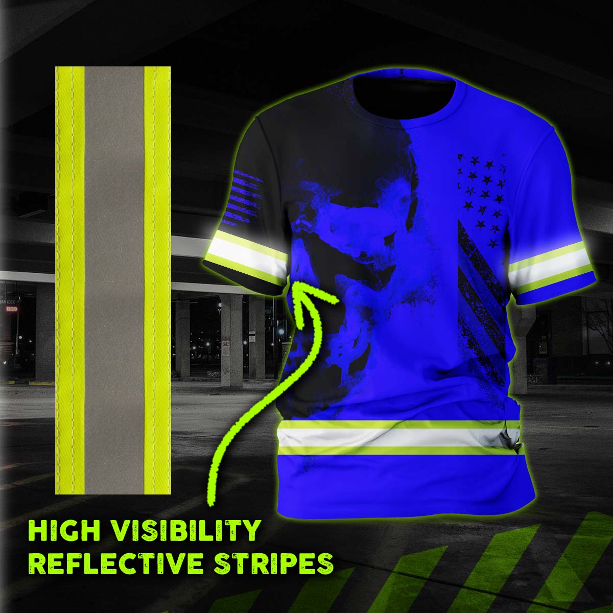 Hi Vis Shirt Reflective Blue Neon Skull USA Flag Custom Name Safety Workwear For Workers