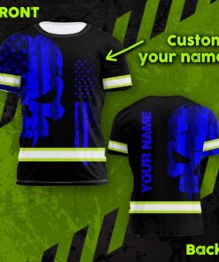 Hi Vis Shirt Reflective Blue Neon Strong Skull US Flag Custom Name Safety Workwear For Workers