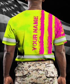 Hi Vis Shirt Reflective Tapes Yellow And Pink Neon US Flag Custom Name
