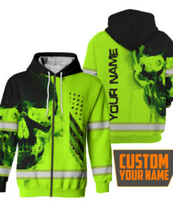 Hi Vis Zip Hoodie Reflective Tapes Black Skull USA Flag Custom Name