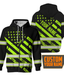 Hi Vis Zip Hoodie Reflective Tapes Mint Neon USA Flag Safety Workwear
