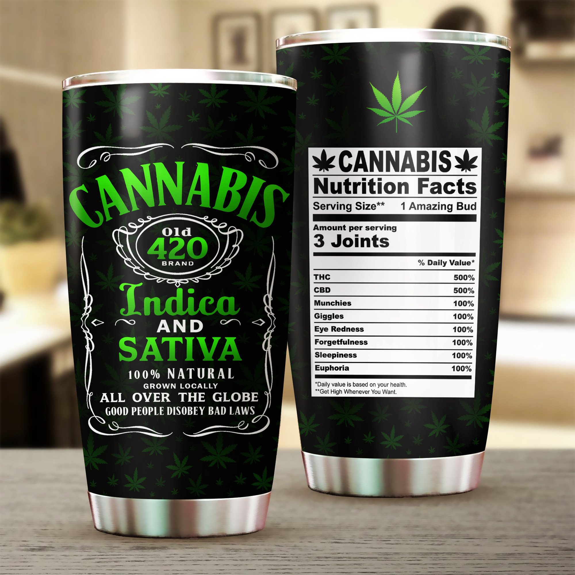 Cannabis Tumbler – Indica and Sativa Weed Cup with Nutrition Facts
