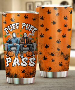 Halloween Puff Puff Pass Tumbler – Funny Horror Movie Weed Cup, Michael Myers Jason Stoner Gift
