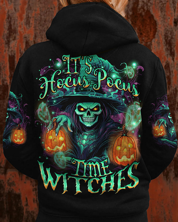 It’s Hocus Pocus Time Witches Hoodie – Glow-in-the-Dark Halloween Skeleton & Pumpkin Pullover