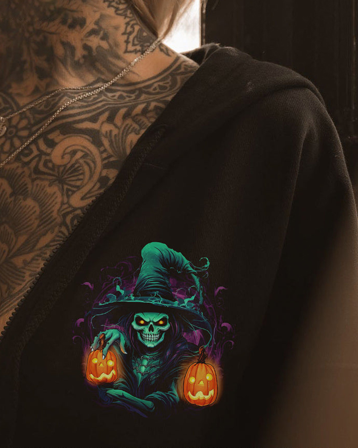 It’s Hocus Pocus Time Witches Hoodie – Glow-in-the-Dark Halloween Skeleton & Pumpkin Pullover