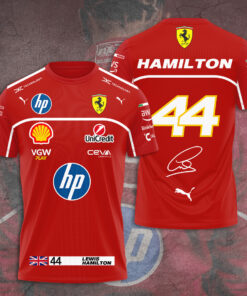 Lewis Hamilton Ferrari 44 Red Jersey – Scuderia Ferrari F1 Racing Shirt with Sponsors, Formula 1 Team Fan Apparel