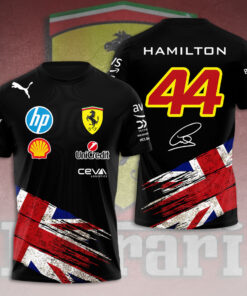 Lewis Hamilton Ferrari 44 Union Jack Shirt – Scuderia Ferrari Black F1 Racing Jersey