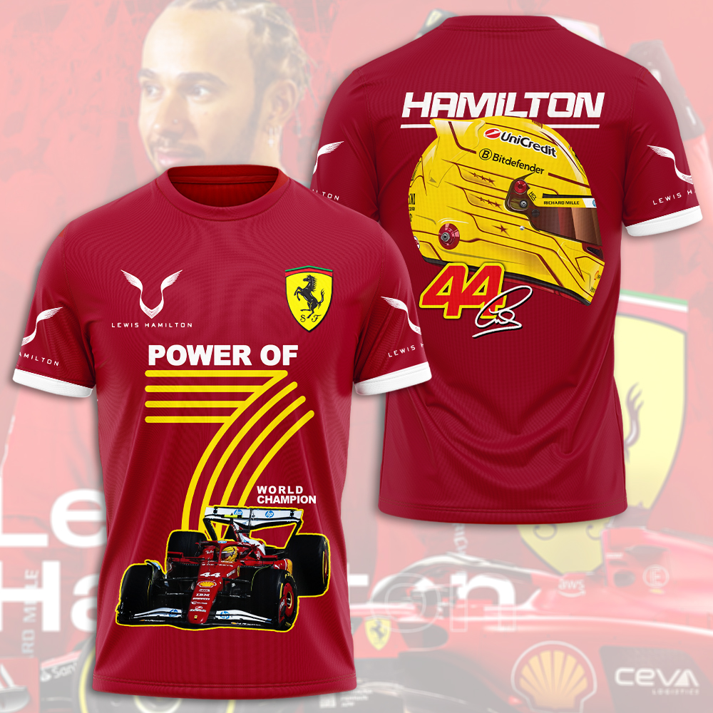 Lewis Hamilton Ferrari F1 Shirt – Power of 7 World Champion #44 Racing T-Shirt with Car & Helmet Design