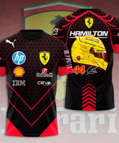 Lewis Hamilton Ferrari F1 Shirt – Scuderia #44 Black and Red Honeycomb Racing T-Shirt with Helmet Graphic