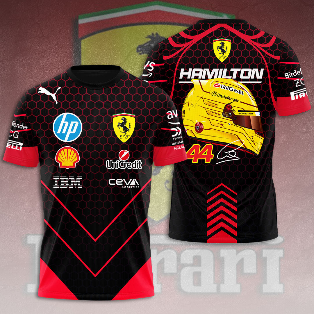 lewis hamilton ferrari f1 shirt scuderia 44 black and red honeycomb racing t shirt with helmet graphic mdtda