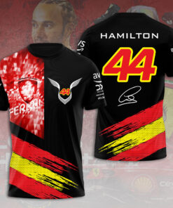 Lewis Hamilton Ferrari F1 Shirt – Scuderia #44 Black and Red Racing T-Shirt with Yellow Accents & Signature