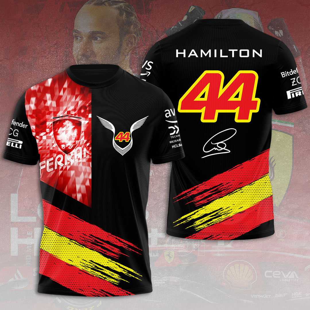lewis hamilton ferrari f1 shirt scuderia 44 black and red racing t shirt with yellow accents signature iqy4n