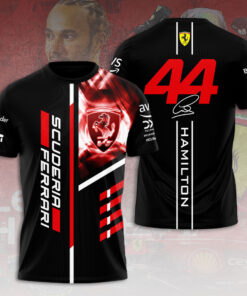 Lewis Hamilton Ferrari F1 Shirt – Scuderia #44 Black Racing T-Shirt with Bold Red Ferrari Crest & Vertical Design