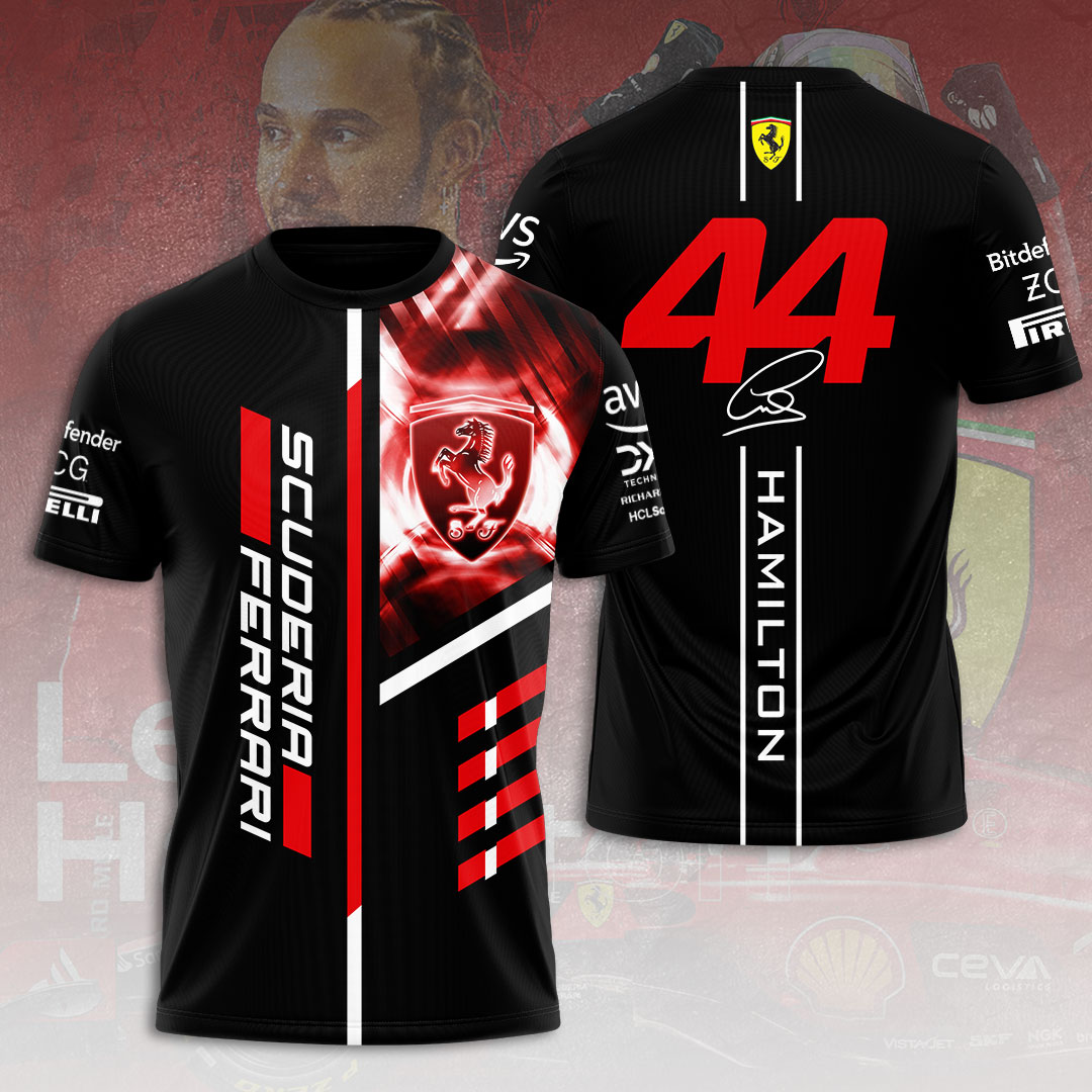 lewis hamilton ferrari f1 shirt scuderia 44 black racing t shirt with bold red ferrari crest vertical design d9ay8