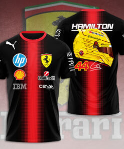 Lewis Hamilton Ferrari F1 Shirt – Scuderia #44 Black Racing T-Shirt with Red Vertical Stripe & Yellow Helmet Graphic
