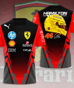Lewis Hamilton Ferrari F1 Shirt – Scuderia #44 Racing Jersey with Helmet & Sponsor Logos (Black Red)