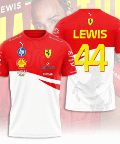 Lewis Hamilton Ferrari F1 Shirt – Scuderia #44 Red and White Racing T-Shirt with Bold Sponsor Logos
