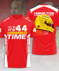 Lewis Hamilton Ferrari F1 Shirt – Scuderia #44 Red Hammer Time Racing T-Shirt with Helmet Graphic