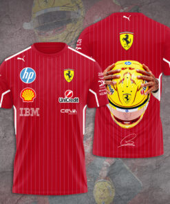 Lewis Hamilton Ferrari F1 Shirt – Scuderia #44 Red Pinstripe Racing T-Shirt with Helmet Graphic & Sponsor Logos
