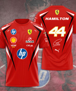 Lewis Hamilton Ferrari F1 Shirt – Scuderia #44 Red Racing Jersey with Sponsor Logos & Signature