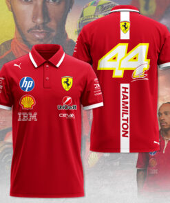 Lewis Hamilton Ferrari Polo Shirt – Scuderia #44 Red Racing Polo with Vertical Name Design & Sponsor Logos