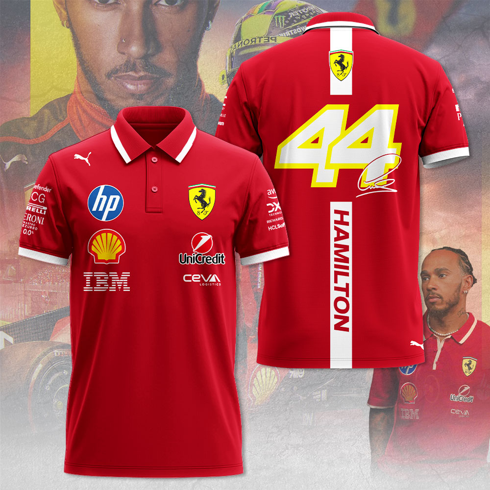 lewis hamilton ferrari polo shirt scuderia 44 red racing polo with vertical name design sponsor logos e43cs