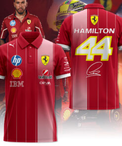 Lewis Hamilton Ferrari Polo Shirt – Scuderia F1 #44 Red Pinstripe Racing Polo with Sponsor Logos & Signature