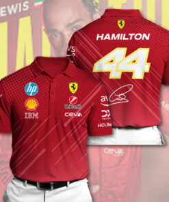 Lewis Hamilton Ferrari Polo Shirt – Scuderia F1 #44 Red Racing Polo with Sponsor Logos & Signature