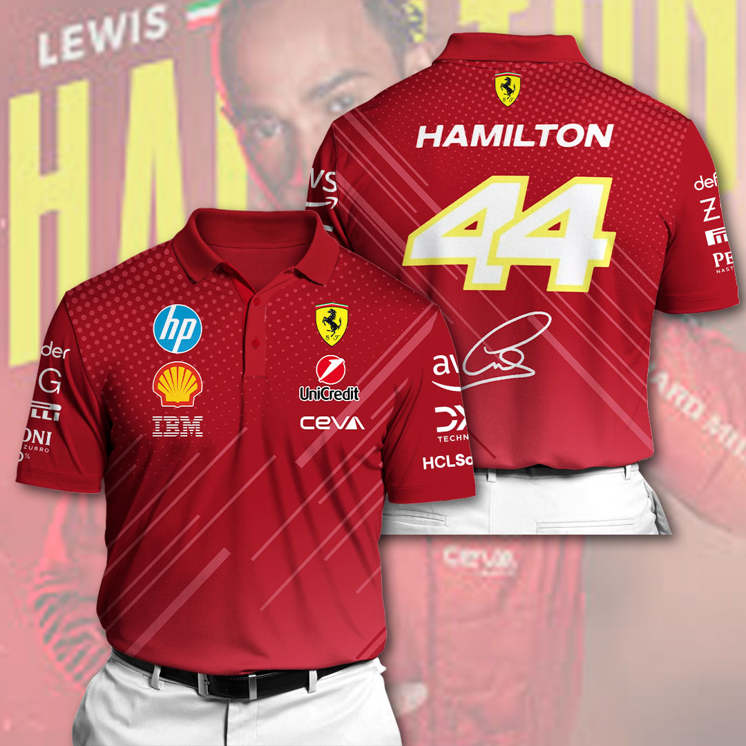 Lewis Hamilton Ferrari Polo Shirt – Scuderia F1 #44 Red Racing Polo with Sponsor Logos & Signature