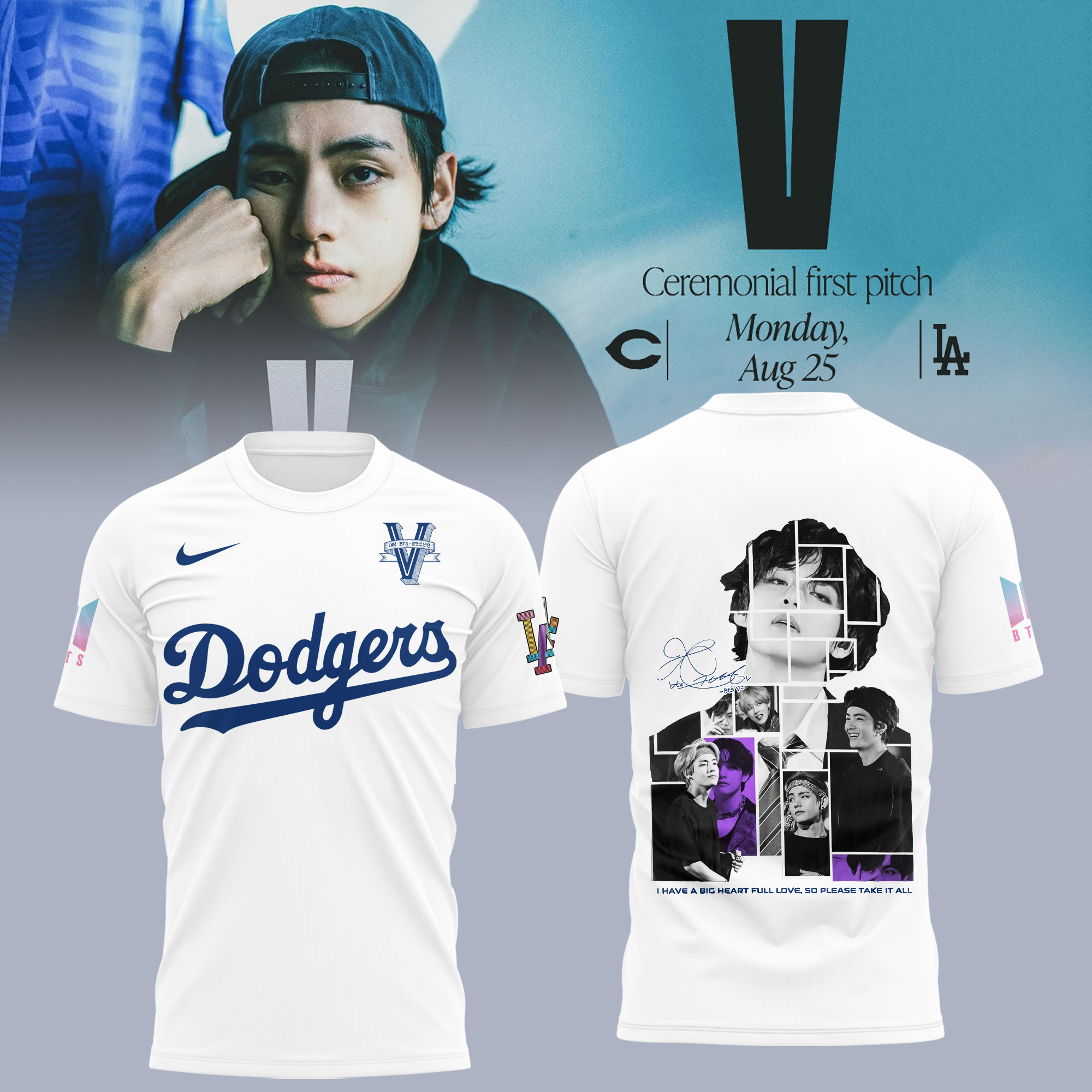 los angeles dodgers bts v taehyung white t shirt limited edition photo print 1 535y1