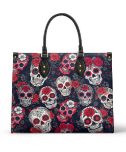 Midnight Calavera Gothic Leather Handbag – Red & White Sugar Skull Rose Day of the Dead Tote