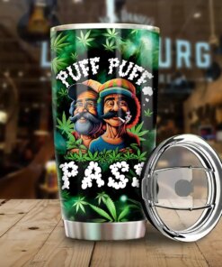 Puff Puff Pass Tumbler – Funny Weed Cup with Cannabis Leaf Design