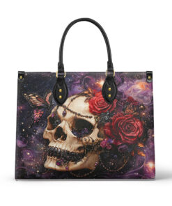 Silken Shadows Skull Gothic Leather Handbag – Red Rose, Butterfly & Cosmic Jewel Purse