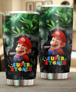 Super Stoned Mario Tumbler – Funny Weed Cup with Cannabis Leaf Design