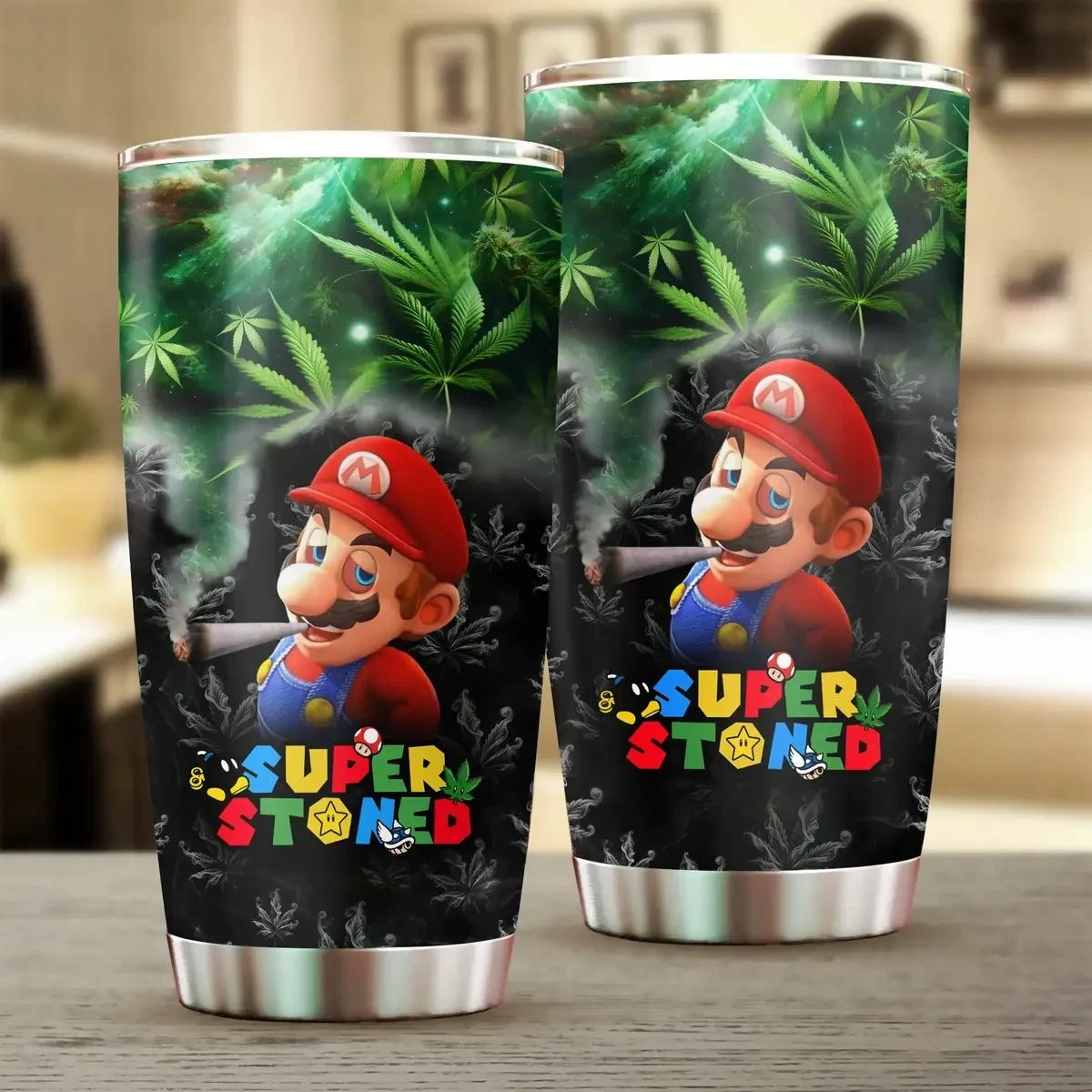 super stoned mario tumbler funny weed cup with cannabis leaf design 1 629se