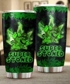 Super Stoned Mario Tumbler – Neon Green Weed Cup with Cannabis Leaf Design