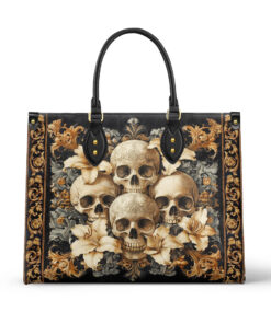 Vanitas Skull Gothic Leather Handbag – Baroque Gold Floral & Lily Dark Art Tote