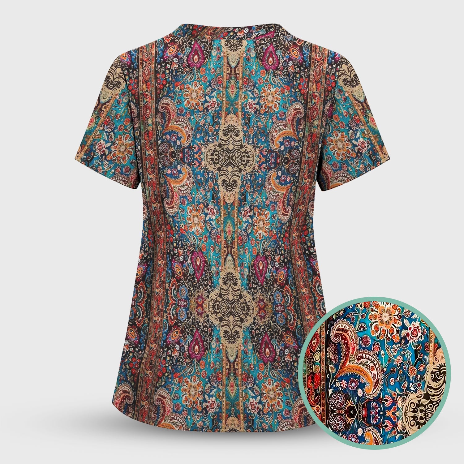 Artistic Bohemian Nurse Scrub Top - Colorful Tapestry & Boho Pattern Design - Thoughtful Gift for Women RN LPN & Healthcare Workers