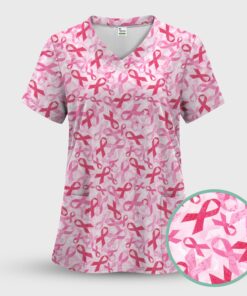 Breast Cancer Awareness Scrub Top - Pink Ribbon Nurse Shirt All Over Print - RN CNA LPN Gift