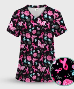 Breast Cancer Awareness Scrub Top - Pink Ribbon Nurse Shirt with Flowers - Gift for Women RN CNA LPN